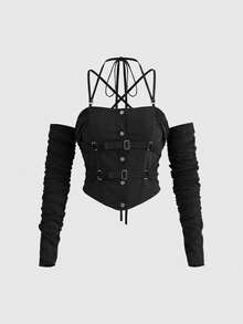 ROMWE Dark Sexy Deconstructed Strappy Ruched Off-Shoulder Top Plus Size Women's Blouse - Black - View 1