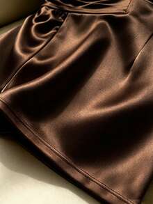 Franclia French Luxury Champagne Satin Waist-Cinched Cami Romper - Brown - View 5