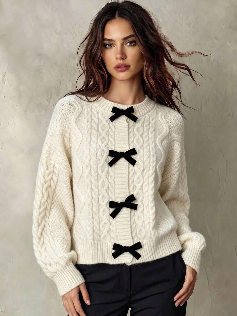 Franclia Loose And Slouchy Vintage Twisted-Front Cardigan With Bow Decoration, Sweet And Youthful,Long Sleeve Tops Fall Winter Cloth For Women - Apricot - View 1