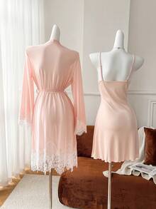 Moireta Mature Old Money Style Elegant Charming Lace Patchwork Romantic Sexy Women's Pajama Set - Baby Pink - View 13