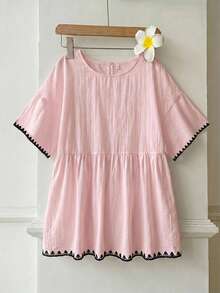 SHEIN EZwear Pink Checkered Linen Woven Women's Shirt With Shell Embroidery Pattern Suitable For Summer Vacation Cute Casual - Baby Pink - View 4