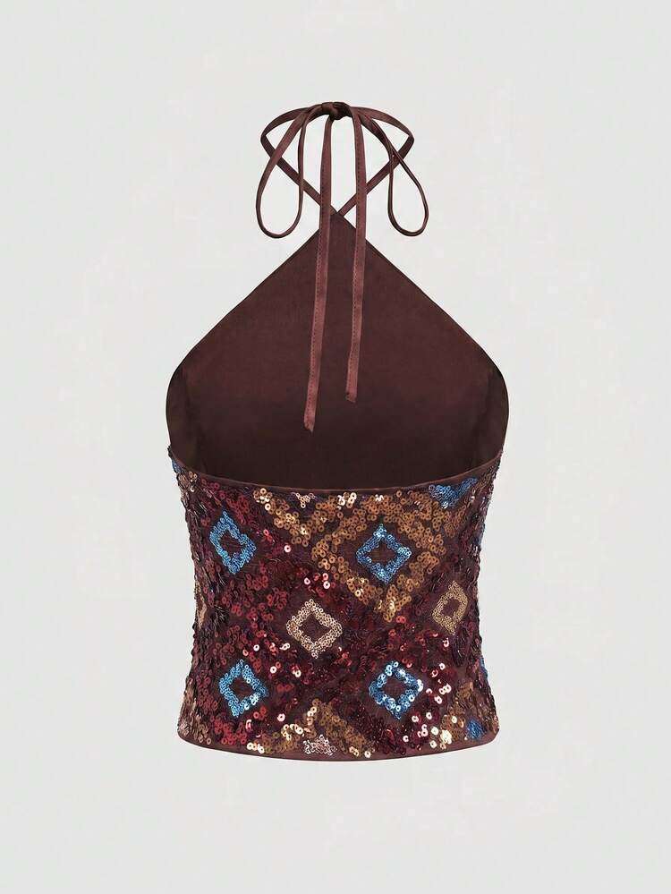 SHEIN PETITE Multi Brown Geo Sequin Halter Tie-Up Petite Crop Top, Backless Lined Y2K Cami, Back To School Sorority Rush Birthday Festival Club Night Out Wear - Brown - View 2