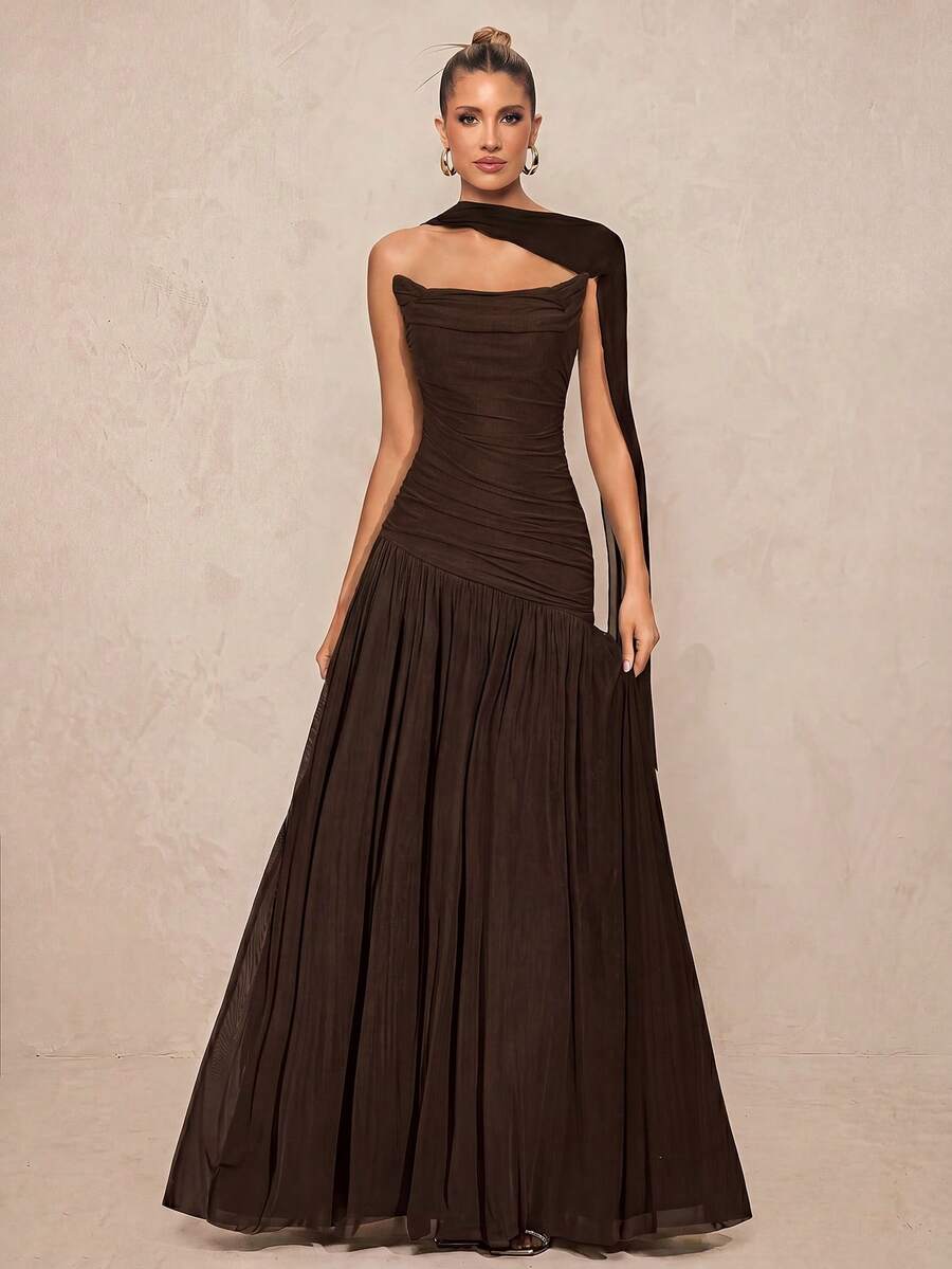 Lumalex Gaun Mermaid Lengan Syal Berkerut Rajut Elastis Elegan, Gaun Formal Serbaguna Kelas Atas untuk Pernikahan, Acara, Gala, Pesta & Liburan Musim Gugur - Burgundy - View 1