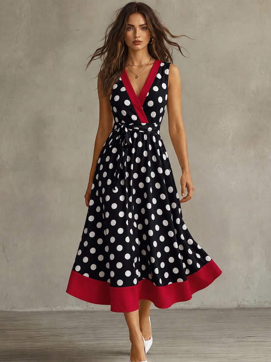 SHEIN Franclia Neues elegantes Mode Schwarzes Polka Punkt Muster Rotes Kreuz V-Ausschnitt Ärmellos Taille Binden A-Linie Kleid, schlank sitzend für Frauen, geeignet für Urlaub, Frühling/Sommer - Schwarz - Übersicht 1