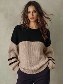 Franclia Suéter de hombros caídos con bloques de color, parte superior de manga larga de punto, suéter de punto para otoño e invierno - Marrón Mocha - Ver 1