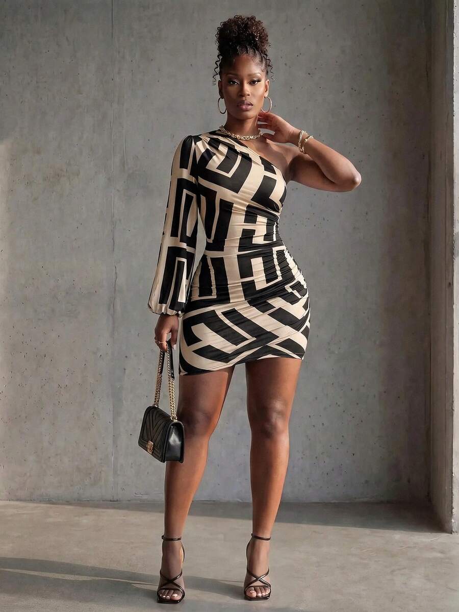 BamGlimmer Women's Geometric Print One Shoulder Lantern Sleeve Dress Fall Cloth For Women