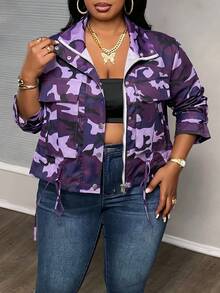 Slaydiva Chaqueta de Talla Grande con Estampado de Camuflaje y Cordón en el Bajo para Uso Diario - Morado - Ver 5