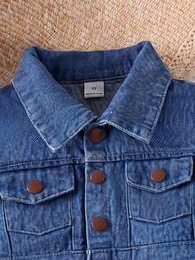 SHEIN Genkimix Kids 女童單排扣牛仔背心與純色細肩帶連身褲休閒日常兩件套 - 棕色 - 查看 5