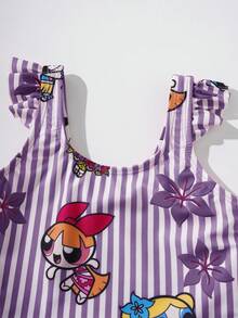 THE POWERPUFF GIRLS X SHEIN 女童條紋卡通印花抓皺連身泳衣，適合海邊度假、泳池派對、海灘派對 - 紫色 - 查看 3
