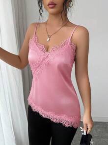 Rafferiza 女款優雅法式蕾絲拼接細肩帶背心 - 粉色 - 查看 5