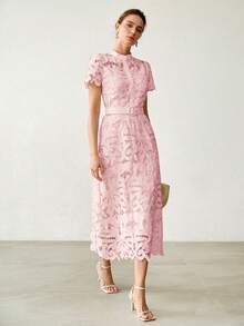 MOTF PREMIUM WOMEN'S ELEGANT FASHION EMBROIDERED HOLLOW WAIST BELT DRESS - Pink - View 6