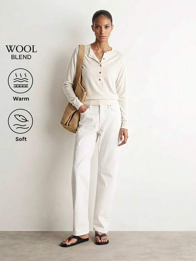 Briarwyn Autumn Women's Wool Blend Fashion Minimalist Elegant Button Half-Placket Long Sleeve Sweater Office Cream White ,Versatile Daily,Old Money Style