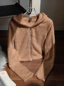 SHEIN EZwear 女款連帽拉鍊休閒百搭日常夾克 - 卡其色 - 查看 5