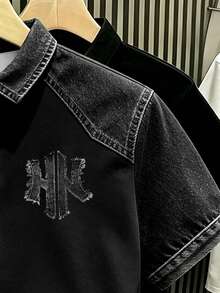 Manfinity Hypemode 美式復古做舊丹寧風拼色 NY 字母印花 Polo 衫，成熟休閒上衣，男女款圖案 T 恤，適合日常通勤與夏季休閒穿著 - 彩色 - 查看 4