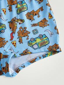 SCOOBY-DOO X SHEIN 女款內衣套裝聯名款 可拆式杯墊運動背心與低腰內褲 緹花卡通圖案滿版印花 - 藍色 - 查看 7