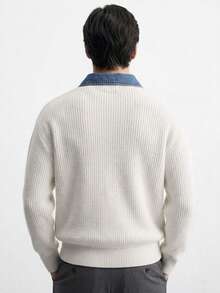 Manfinity Homme 男士復古拼色 Polo 領長袖休閒針織衫 - 米色 - 查看 4