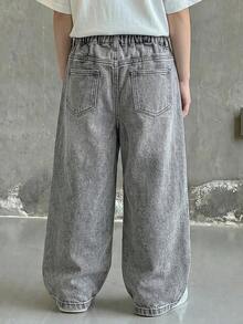SHEIN 青少年男孩基礎款簡約舒適灰色寬鬆牛仔褲，萬聖節與黑色返校款 - 灰色 - 查看 2