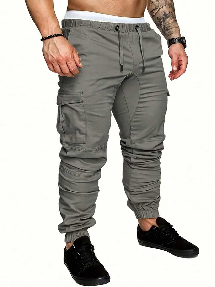 Manfinity Roughcore Men Casual Drawstring Waist Cargo Pants, For Fall - Dark Grey - View 1
