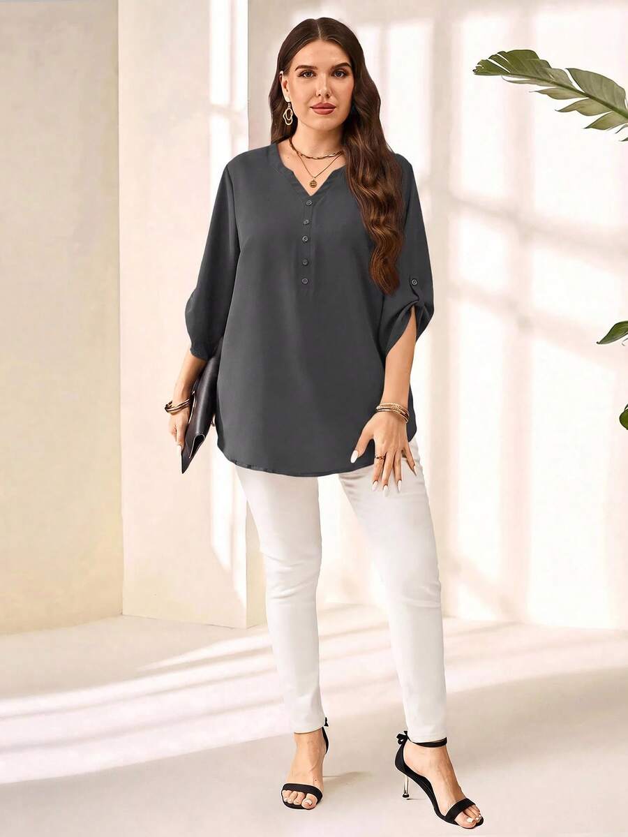 Miaspire Plus Size Women's Casual Versatile Solid Color Shirt Fall - Dark Grey - View 1