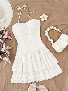 Kids Teen Girls Dresses Summer Casual Solid Color Textured Fabric, Multi-Layer Ruffle Hem, Suitable For Daily Commute, Date, Gathering, Vacation - Apricot - View 1