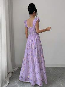 SHEIN Elenzya 女士春夏优雅别致白色碎花印花荷叶边肩带A字连衣裙，适合通勤、外出、野餐、情人节约会 - 淡紫色 - 查看 2