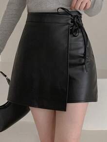Dazy Tall Women's Sexy Casual PU Leather Lace-Up Mini Skirt - Black - View 4