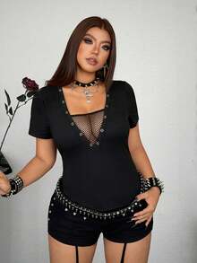 Whyspr Frühling, Sommer, Herbst, Western New Dark Gothic Sexy Hollow Stoff Patchwork Design Ösen leicht transparent Neckholder Bindung V-Ausschnitt T-Shirt Slim Fit schmeichelhaftes Top Damen Off-Shoulder, rückenfrei, Ausgeh-Tops - Schwarz - Übersicht 4