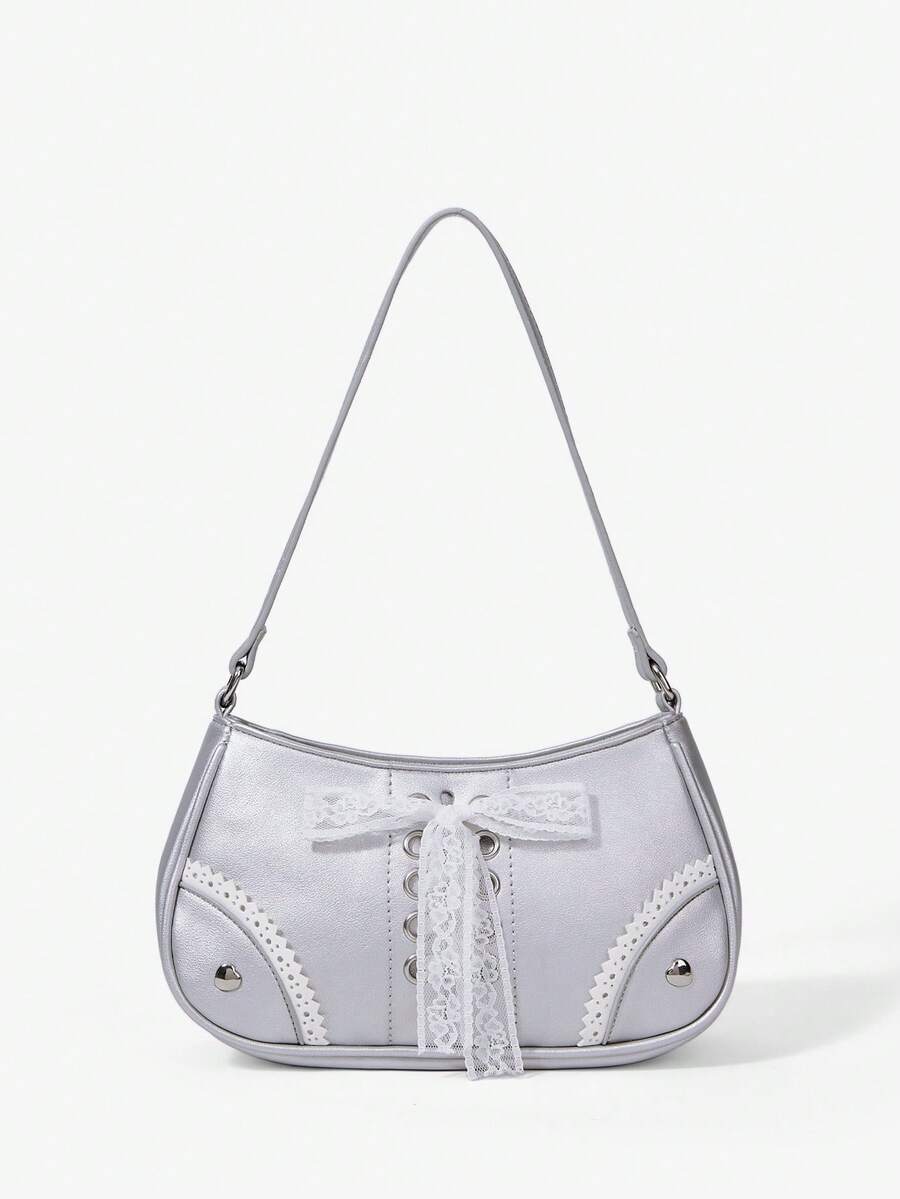Viva Strut Ladies Bag, Silver Y2k Lace Decoration Cute Girl Rivet Design, Shoulder Bag, Sweet And Cool Babes, Suitable For Shopping, Teenagers, - Silver - View 1