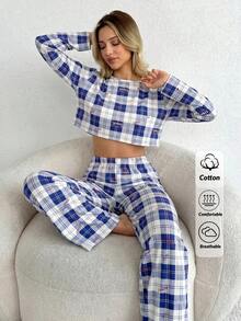 SHEIN Cotton Line 女款格紋印花圓領長袖短版上衣與高腰舒適長褲 2 件組睡衣 - 藍色 - 查看 3