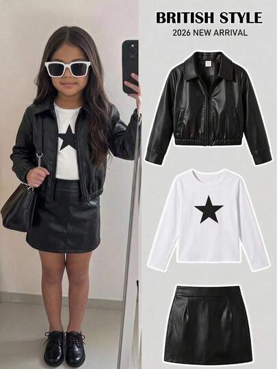 Kids Young Girls Black Lapel Solid Color PU Leather Jacket, Short Casual Jacket, Cool Street Style Sports Riding PU Zipper Jacket, Black Versatile Outerwear, Back To School