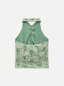 Nöista Sage Green Crochet Lace Top With Floral Embroidery For Summer Vacation Casual Elegant Romantic Chic Looks Brunch Tea Party - Green - View 13