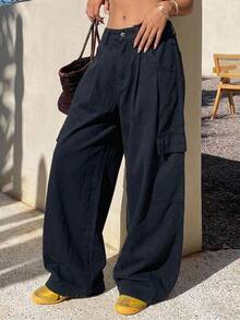 DAZY Women's Casual Loose Wide Leg Flare Jeans - Navy Blue - View 6