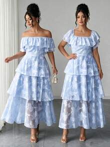 Elenzga Spring Summer Plus Size Floral Striped Print Pullover, Ruffle Long Sleeve Design, Casual Elegant Wedding Commute Mother Of The Bride Light Blue - Baby Blue - View 3