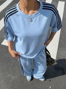Muchica Conjunto informal de 2 piezas de top de cuello redondo con estampado de rayas de color contrastante y pantalones de pierna ancha para tallas grandes - Celeste - Ver 6