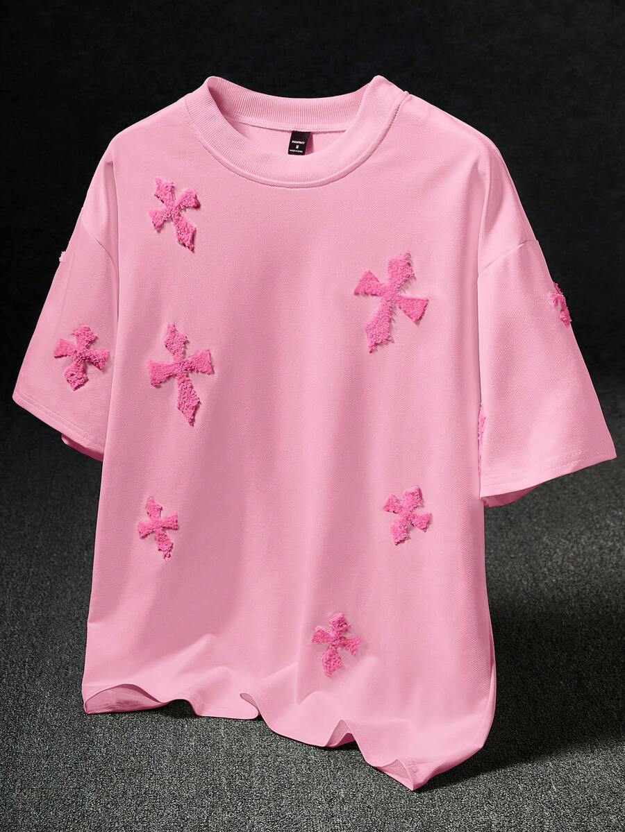 Manfinity EMRG 男士街頭風熱銷 INS 風格十字全印花毛巾刺繡日常休閒男友丈夫禮物週年紀念禮物 T 恤,度假 - 粉色 - 查看 1