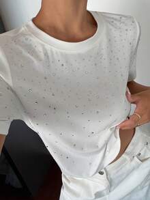 DAZY Street Rhinestone Round Neck Short Sleeve T-Shirt Music Festival - White - View 2