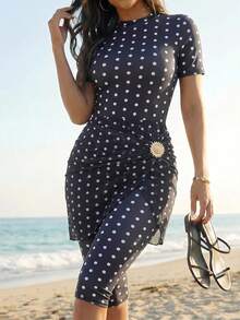 Swim Shayni Women's Black And White Polka Dot Polka Dot Print Fabric Burkini For Beach Pool Party Vacation Summer Casual Conservative Modest - Black and White - View 3