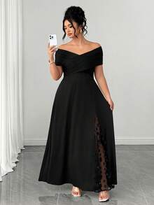 Elenzga Plus Size Women's Spring And Autumn Cross-Collar Elastic Tight Frame Fabric With Hollow Mesh Three-Dimensional Flowers, Full Of Luxury, Must-Have Item For Parties, Elegant Style, Party Shape, Long Sleeveless Elegant Dress - Black - View 3