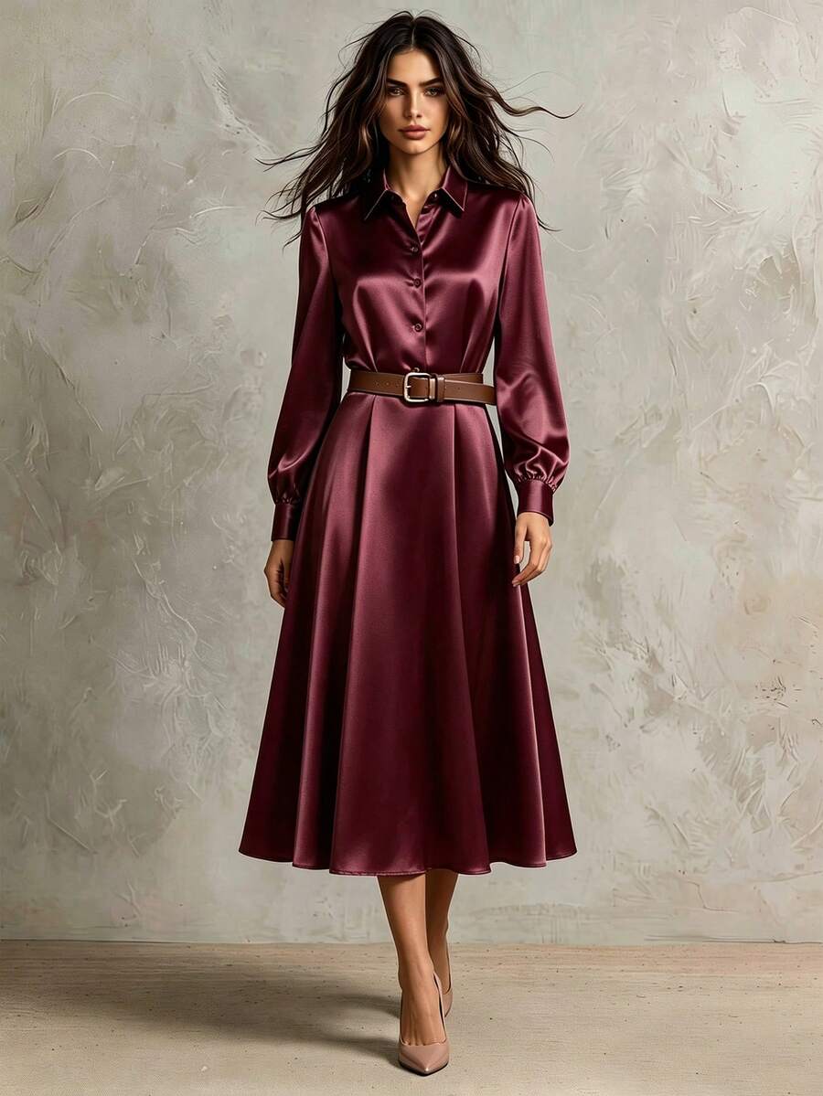 Franclia New Waist Cinching Long Ball Gown Collar Dress For Women, Spring/Autumn - Burgundy - View 1