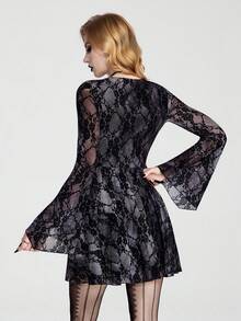 Breakform Gothic Goth Halloween Sexy Romantic Lace Flocked-Print Short Dress With Blurred Rose Pattern Bell-Sleeve Mini Night Grey Autumn - Black - View 2