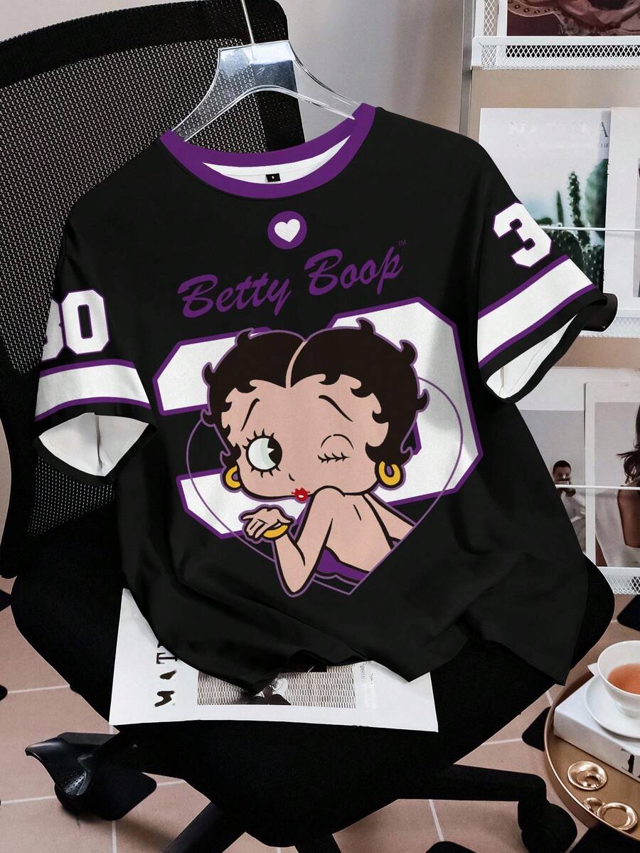 Betty Boop x SHEIN 女款字母與愛心印花圓領短袖休閒T恤 - 白色 - 查看 1