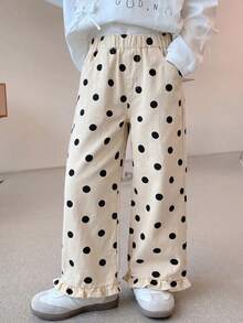 SHEIN Girls' Blue Polka Dot Wide Leg Jeans, Loose Straight Fit With Ruffle Hem, 100 Cotton Denim, Casual Cowgirl Western For School, Outings And Summer - Beige - View 3