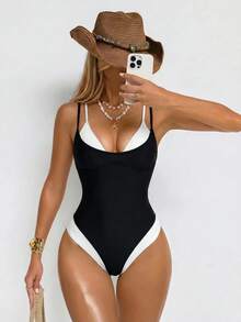 Shapewave Women's Sexy Fashion 2 In 1 One-Piece Swimsuit For Beach Party Vacation Black Summer - Black and White - View 8