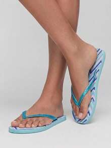 Grefit Women's Flip-Flops, A Must-Have For Seaside Vacations, Sequined Slippers, Colorful Wavy Patterns, Non-Slip And Lightweight Beach Flip-Flops, Women Beach Shoes Summer Shoes - sky blue - View 2