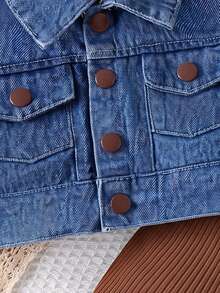SHEIN Genkimix Kids 女童單排扣牛仔背心與純色細肩帶連身褲休閒日常兩件套 - 棕色 - 查看 7