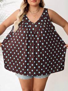 SHEIN CURVE+ 女款大尺碼波點百褶休閒百搭日常穿著上衣 - 棕色 - 查看 5