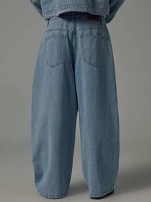 Musero Celana Jeans Denim dengan Detail Jahitan Kaki Model Barrel, Koleksi Musim Semi/Panas, Detail Perangkat Keras Perak - Biru - View 5