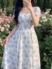 Feyla 女款花卉印花休閒派對旅行短洋裝 - 藍色 - 查看 5