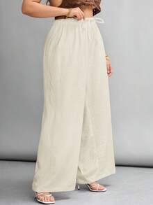 SHEIN PETITE CURVE 大尺碼全鬆緊腰休閒長褲 - 米色 - View 5