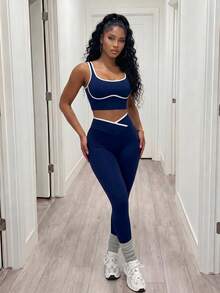 BamGleam Conjunto deportivo sin costuras con bloques de color para mujer - Azul Marino - Ver 7